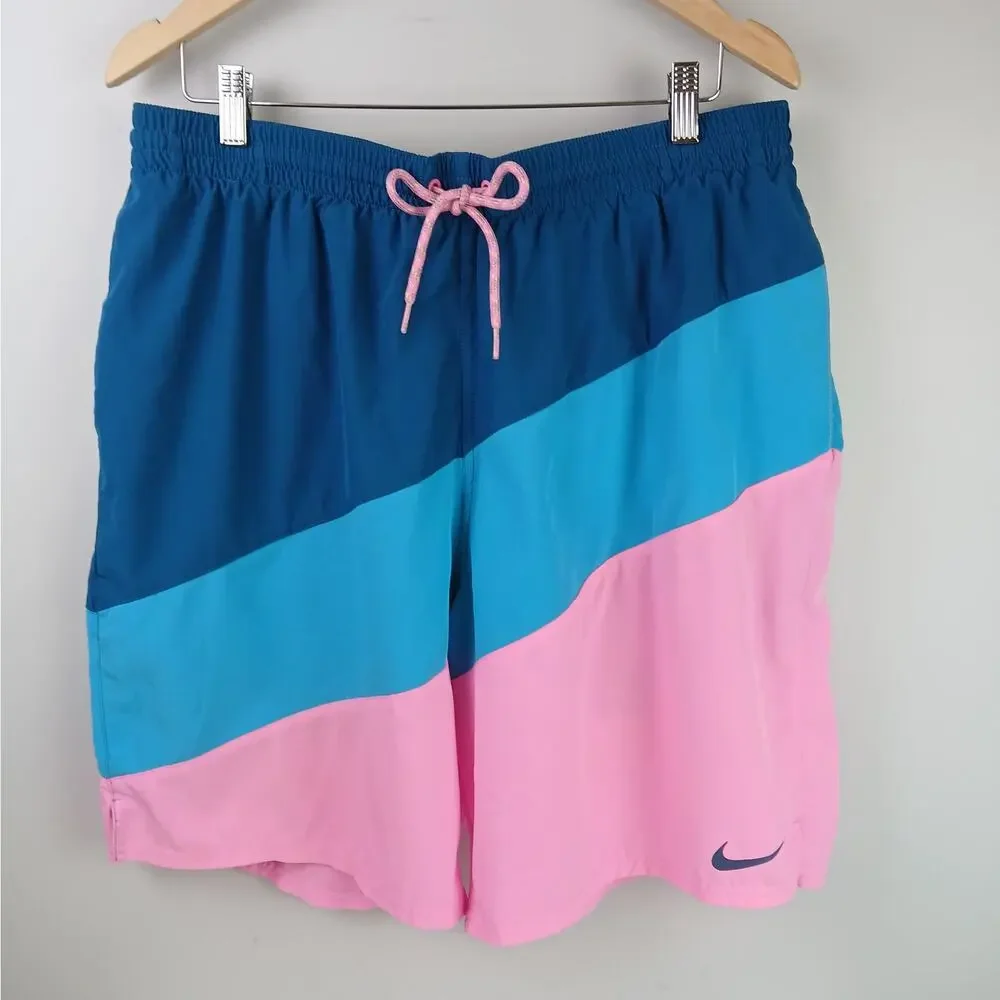 Nike Men’s SZ XXL Lined Swim Trunks Blue Pink Colorblock Drawstring Board Shorts